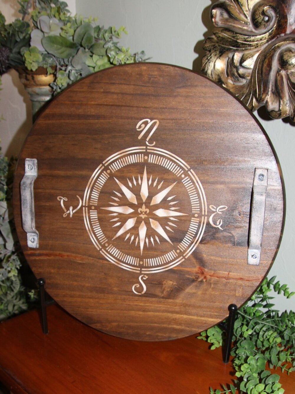 NEW Large Rustic Nautical Coastal Solid Wood Compass Centerpiece Decor Tray